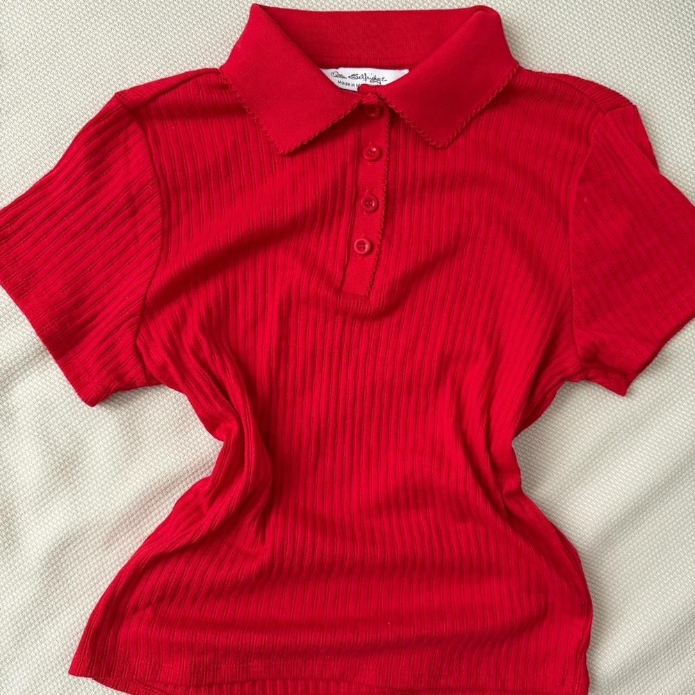 Red Collared Button-Up Top